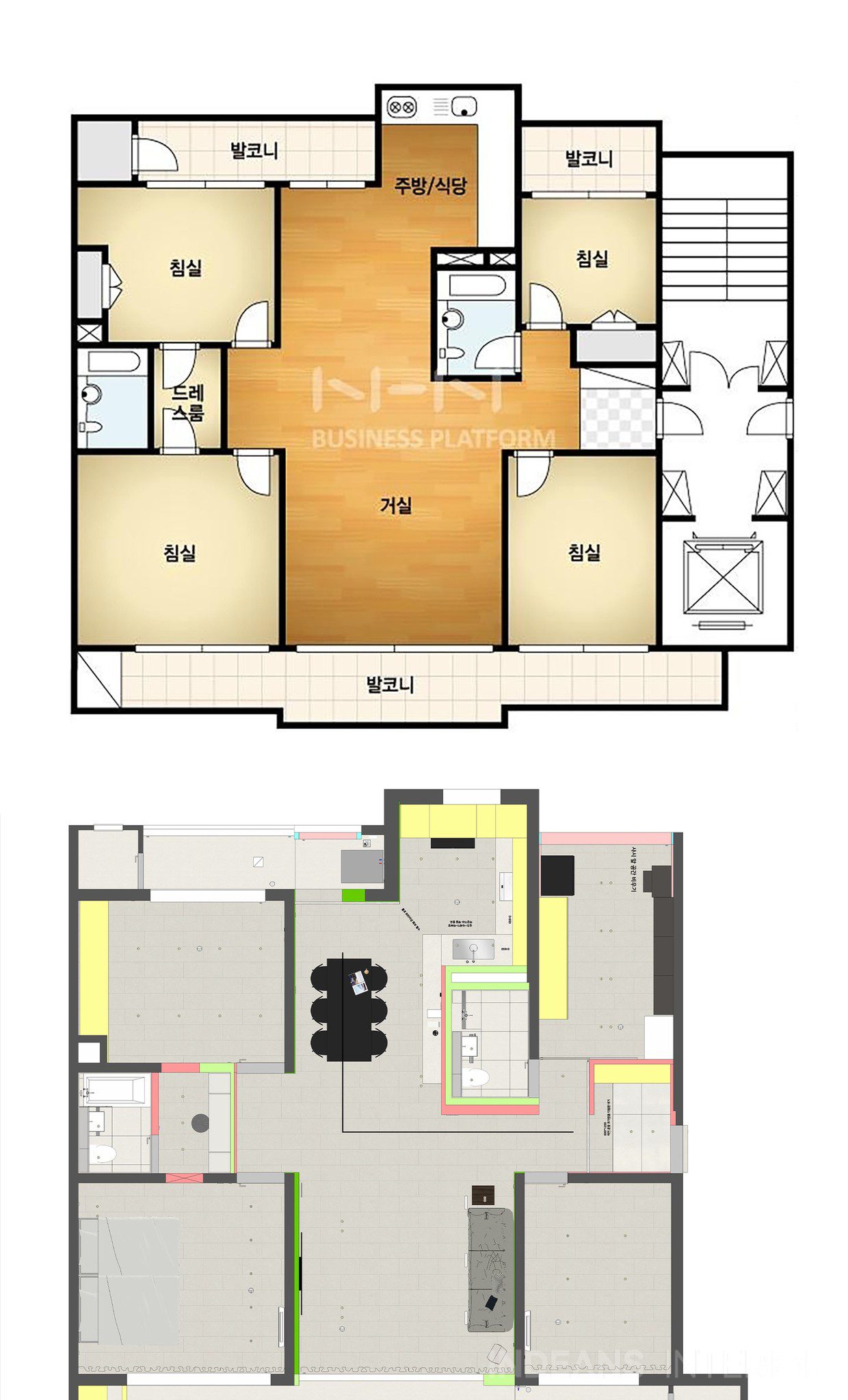부산 연산 인테리어 - 연산선경아파트 주방 비포애프터, 닫힌 ㄱ자 구조에서 열린 다이닝으로 바뀐 변화 비교